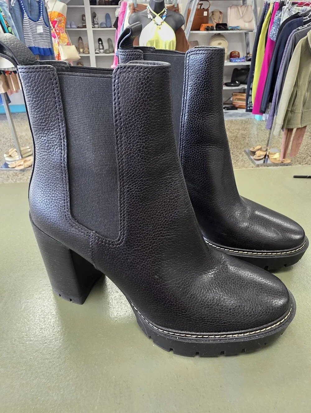 Tory Burch Carso 70mm Lug Sole Boots Black Leather Sz 9.5
